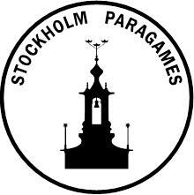 Logo för Stockholm pargames, en siluett av stockholms stadshus med texten stockholm paragames skriven runt